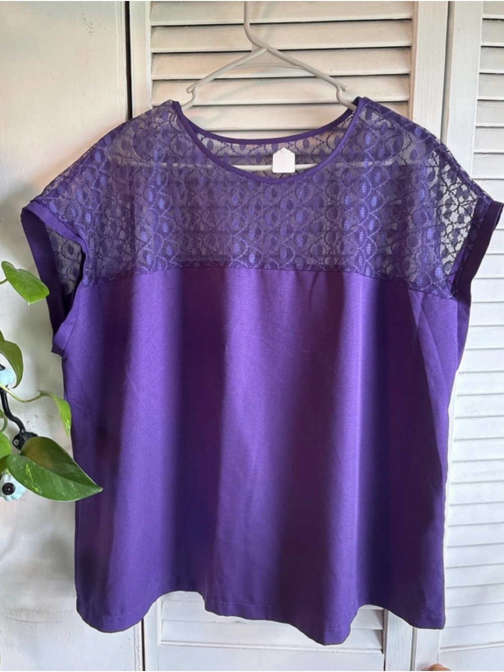 Women's Purple Lace Yoke Cap Sleeve Blouse